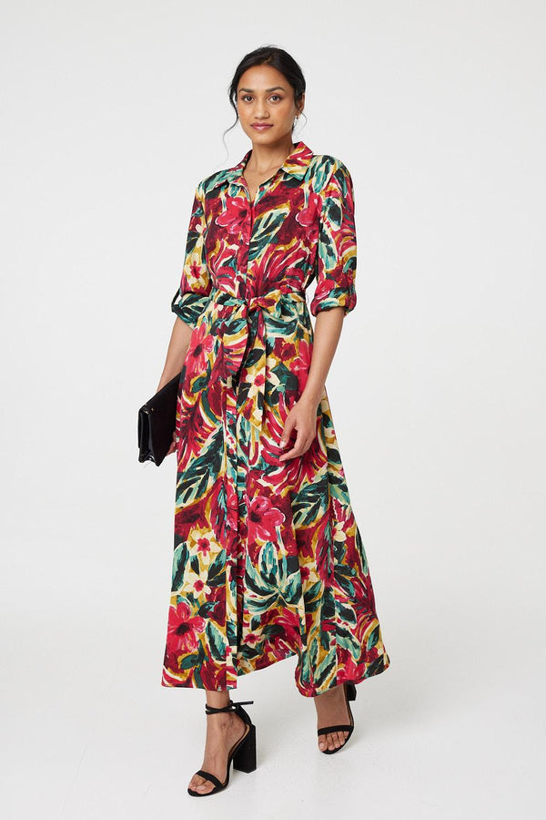 Red | Printed Button Front Shirt Dress
