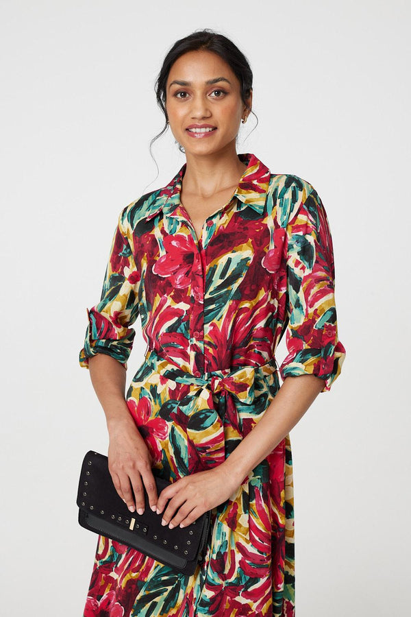 Red | Printed Button Front Shirt Dress
