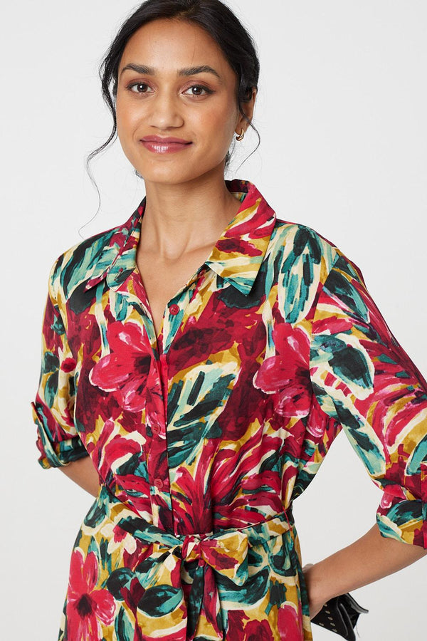 Red | Printed Button Front Shirt Dress

