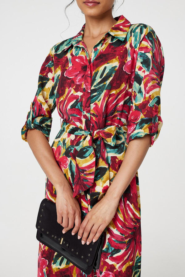 Red | Printed Button Front Shirt Dress
