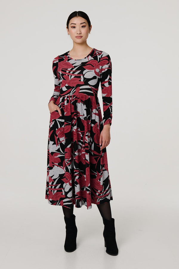 Black | Striped 3/4 Sleeve Tie Waist Midi Shirt Dress
