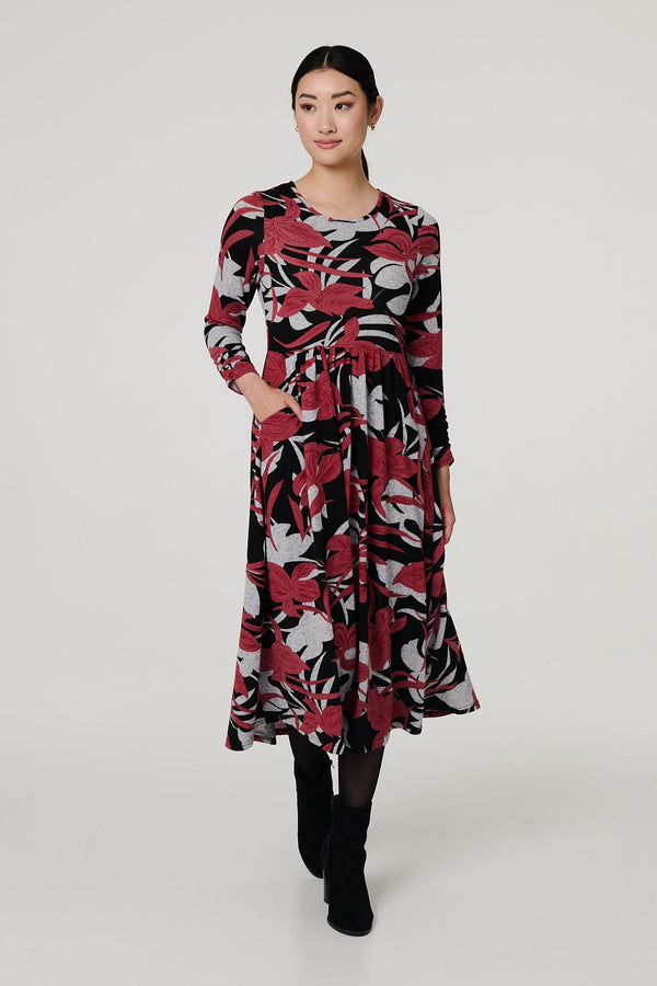 Black | Striped 3/4 Sleeve Tie Waist Midi Shirt Dress
