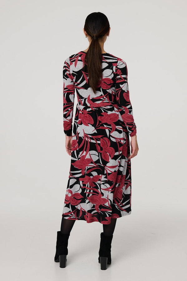 Black | Striped 3/4 Sleeve Tie Waist Midi Shirt Dress
