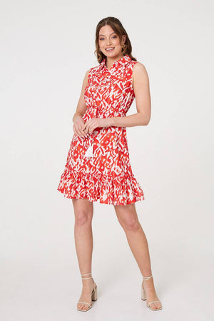 Orange | Printed Sleeveless Short Shirt Dress
