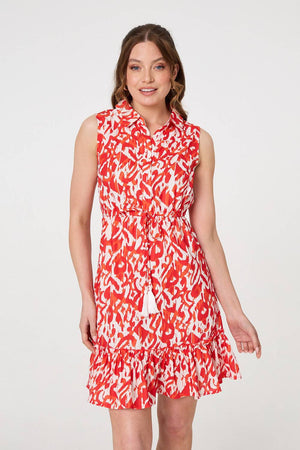 Orange | Printed Sleeveless Short Shirt Dress
