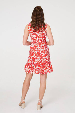 Orange | Printed Sleeveless Short Shirt Dress
