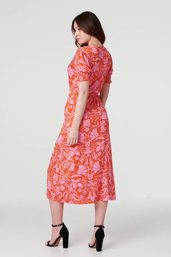 Orange | Floral Tie Back Midi Tea Dress