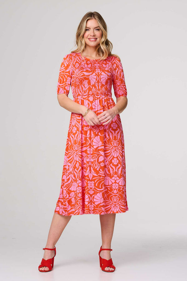 Orange | Floral Smocked Detail Midi Dress