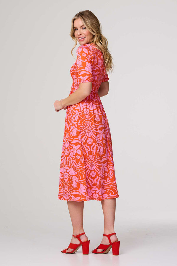 Orange | Floral Smocked Detail Midi Dress