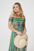 Green | Printed Bardot Smocked Maxi Dress