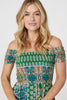 Green | Printed Bardot Smocked Maxi Dress