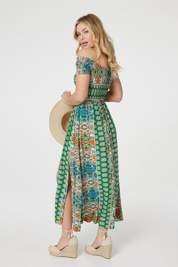 Green | Printed Bardot Smocked Maxi Dress