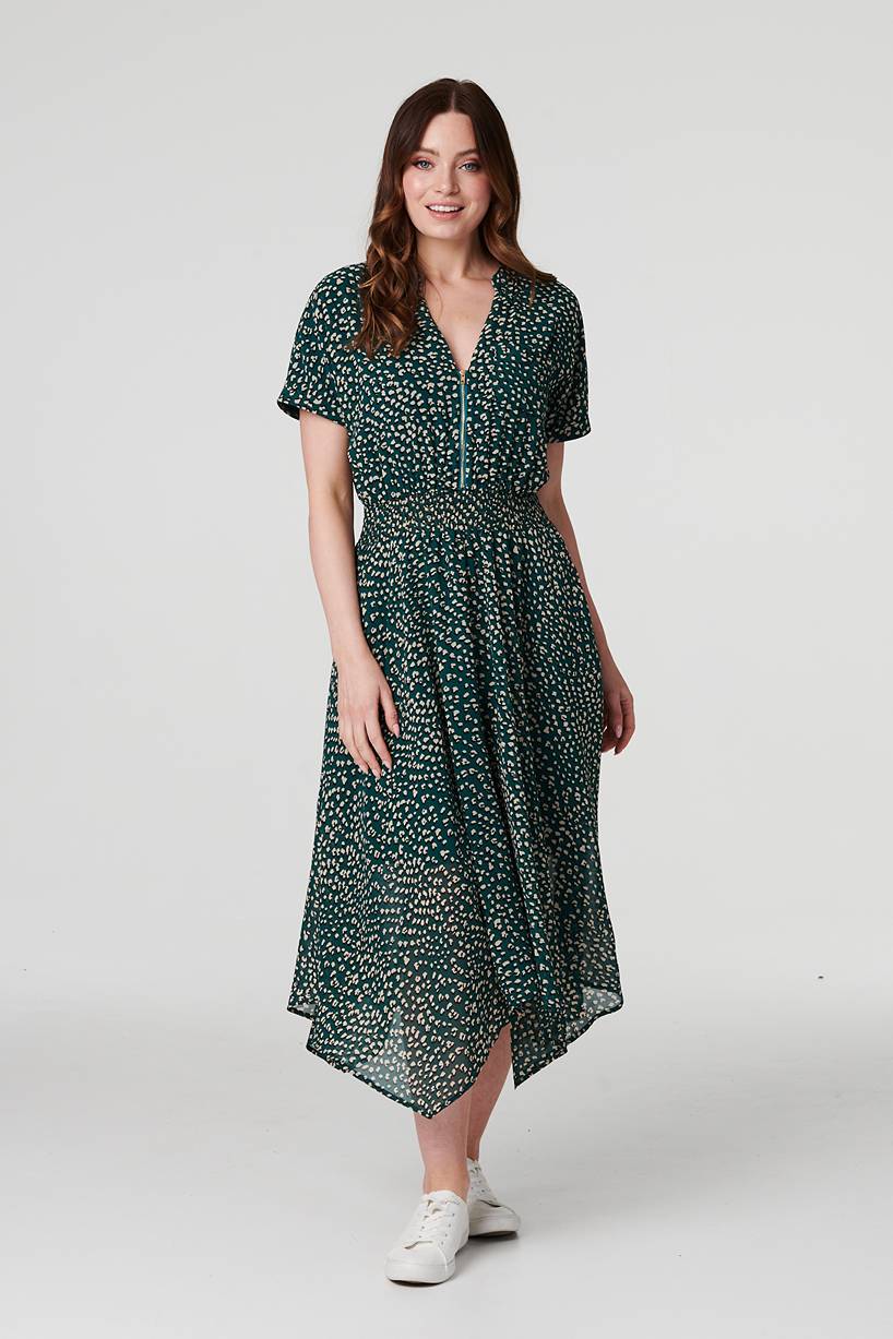 Green | Printed Zip Front Hanky Hem Dress