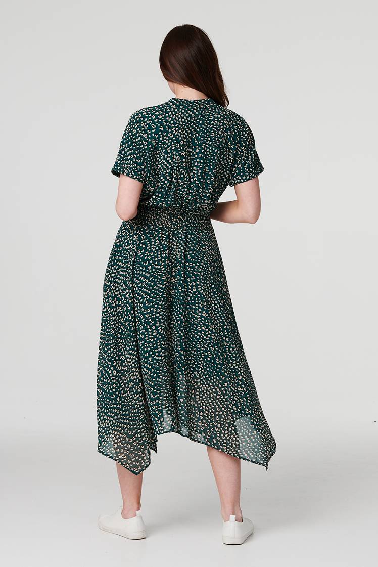 Green | Printed Zip Front Hanky Hem Dress