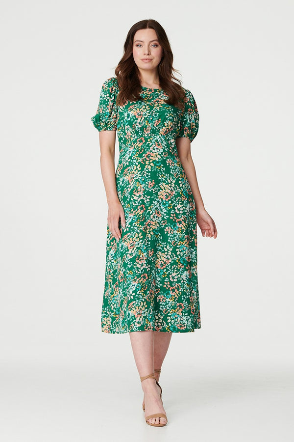 Green | Floral Puff Sleeve Ruched Midi Dress