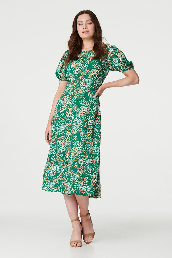 Green | Floral Puff Sleeve Ruched Midi Dress