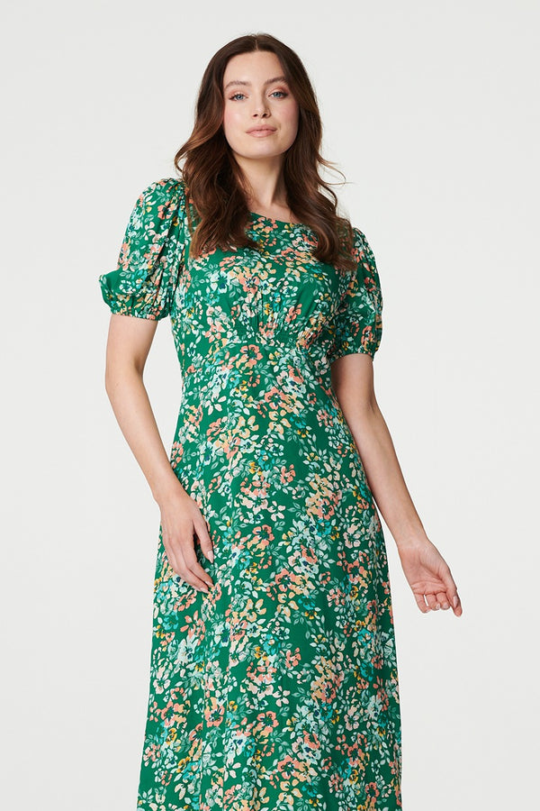 Green | Floral Puff Sleeve Ruched Midi Dress