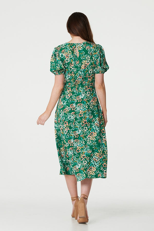 Green | Floral Puff Sleeve Ruched Midi Dress