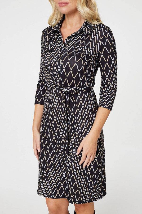 Black | Printed 3/4 Sleeved Tunic Dress