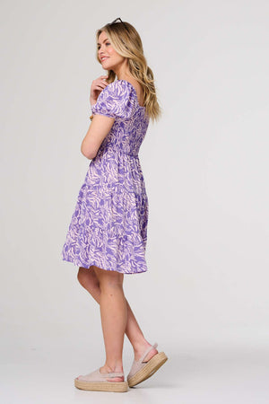 Purple | Printed Short Bardot Smock Dress