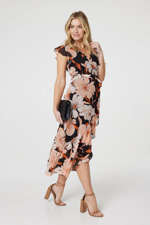Black | Floral Frill Asymmetric Wrap Midi Dress
