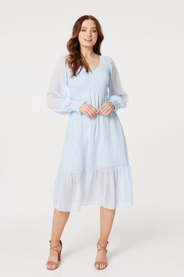 Light Blue | Embossed Polka Dot Smock Dress