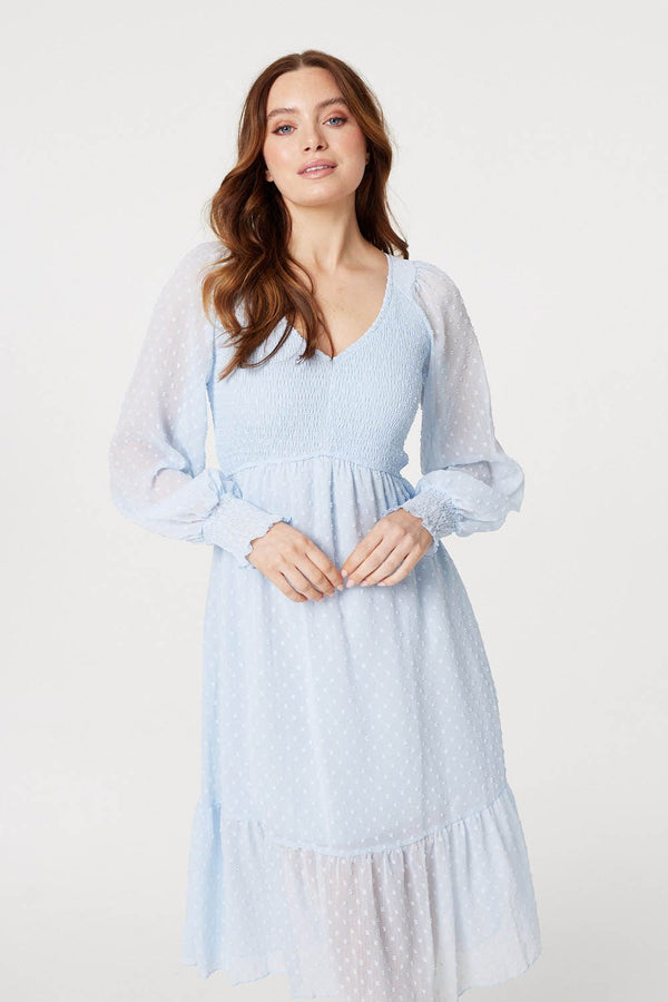 Light Blue | Embossed Polka Dot Smock Dress