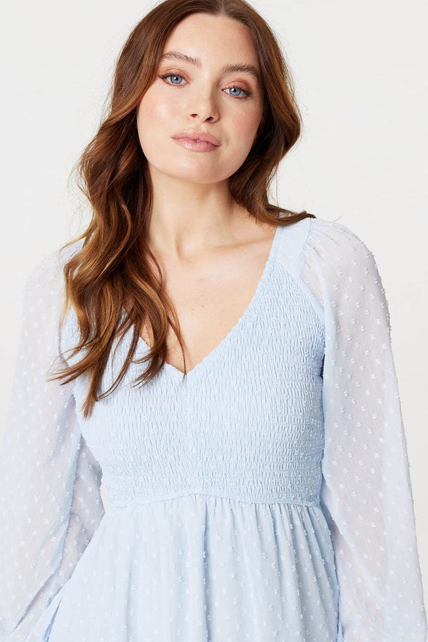 Light Blue | Embossed Polka Dot Smock Dress