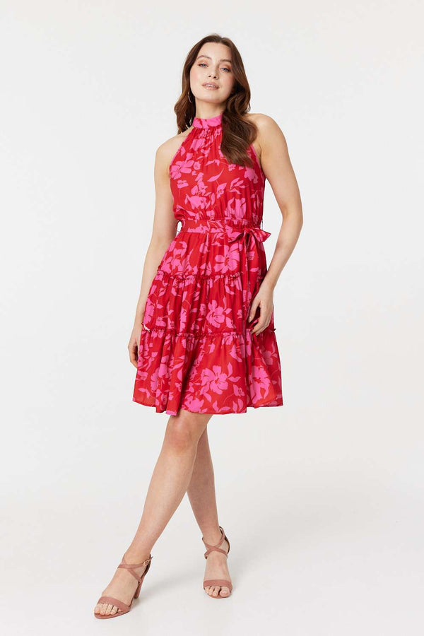 Pink | Floral Halter Neck Short Tiered Dress