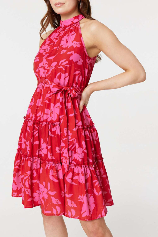 Pink | Floral Halter Neck Short Tiered Dress
