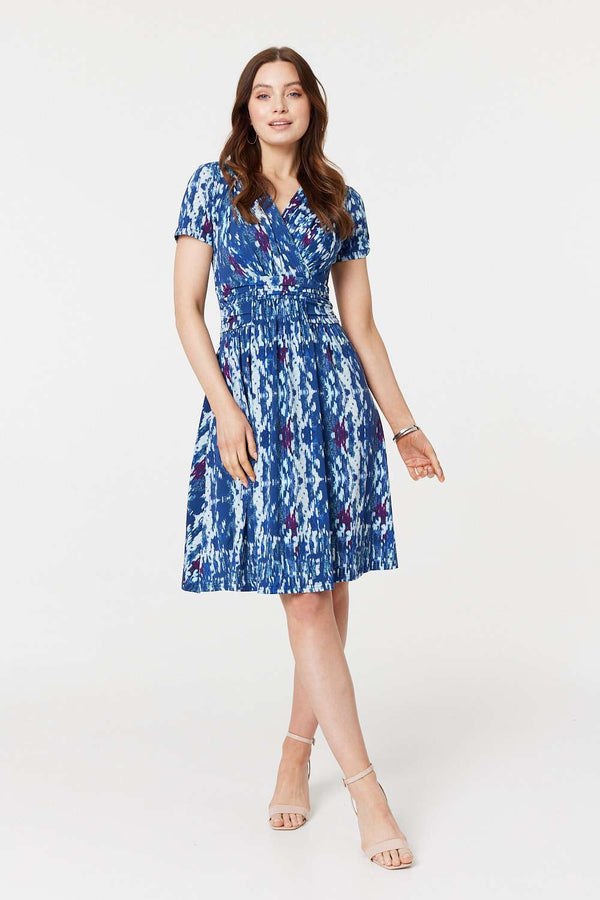 Blue | Tie Dye Faux Wrap Short Dress