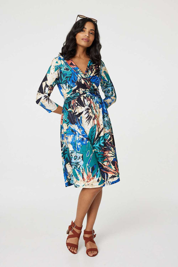 Green | Leaf Print Knee Length Wrap Dress