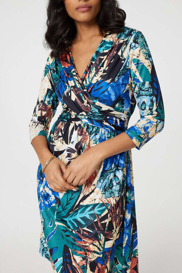 Green | Leaf Print Knee Length Wrap Dress