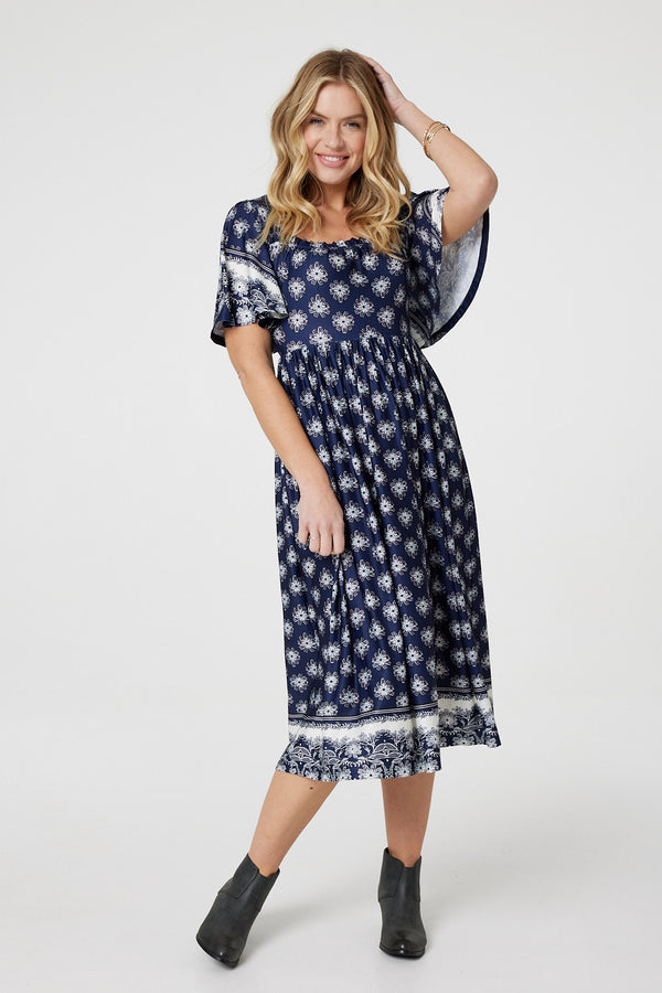 Navy | Printed 1/2 Batwing Sleeve Midi Dress