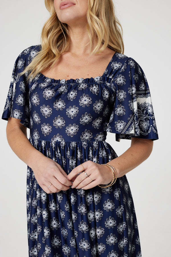 Navy | Printed 1/2 Batwing Sleeve Midi Dress