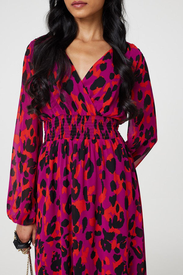 Purple | Animal Print V-Neck Curve Hem Midi Dress