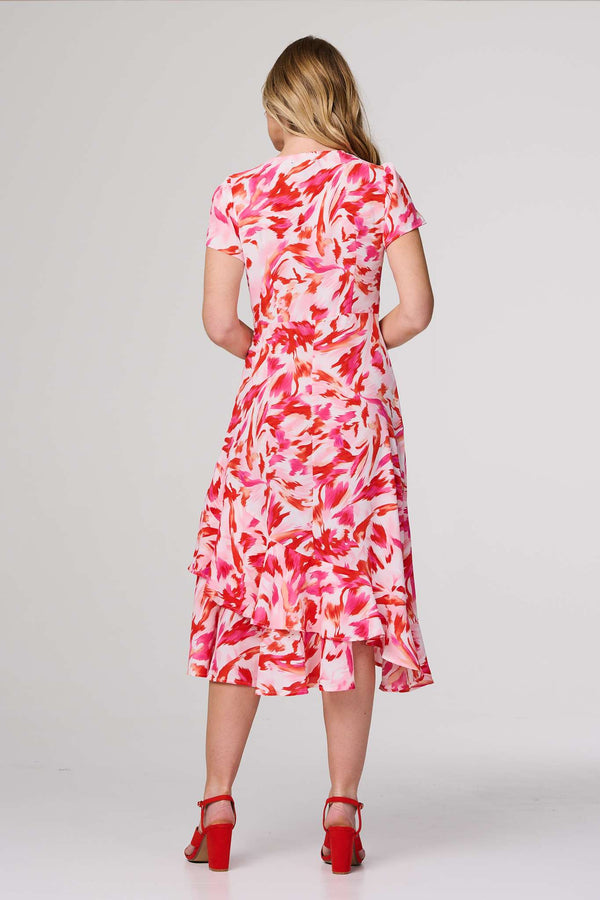 Red | Printed Layered Hem Midi Dress