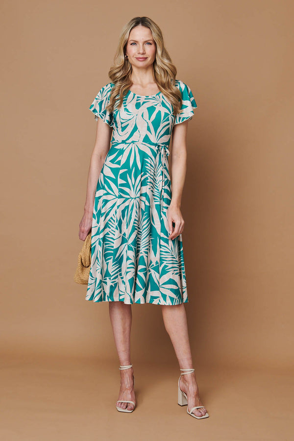 Green | Leaf Print Tie Angel Sleeve Midi Dress
