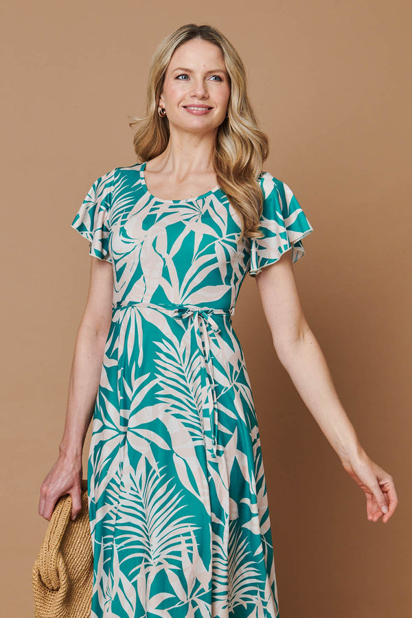 Green | Leaf Print Tie Angel Sleeve Midi Dress