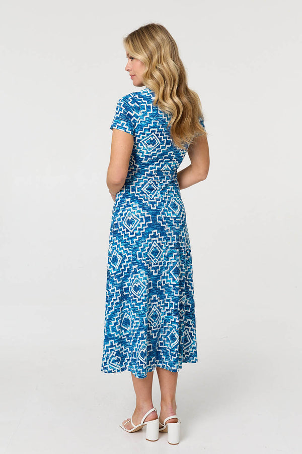 Blue | Geo Print Twist Front Midi Dress

