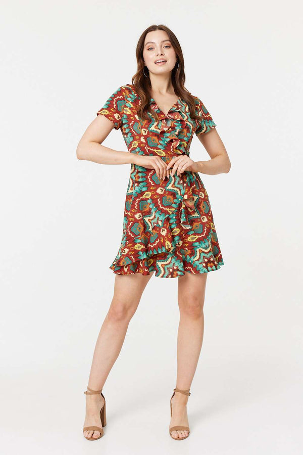 Red | Printed Ruffle Front Wrap Dress