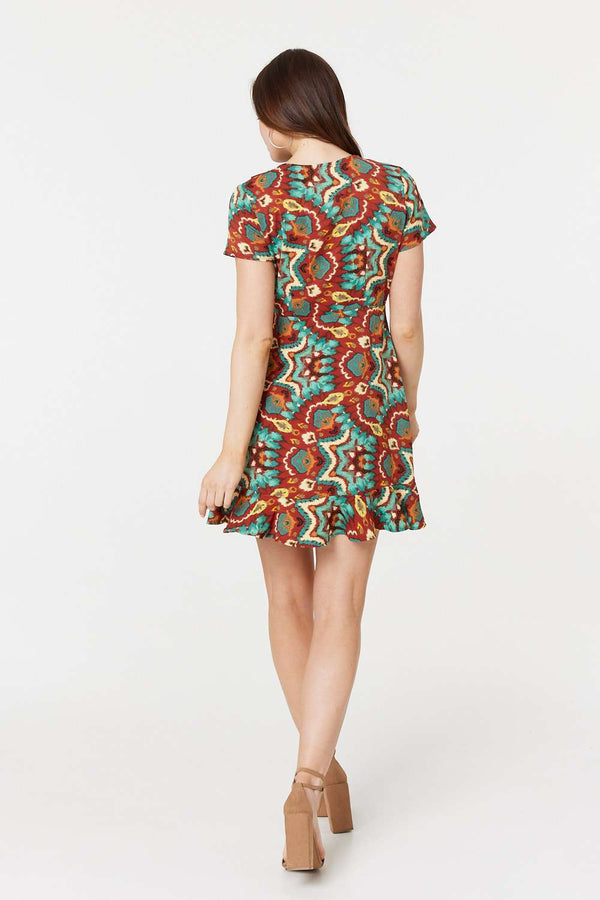 Red | Printed Ruffle Front Wrap Dress