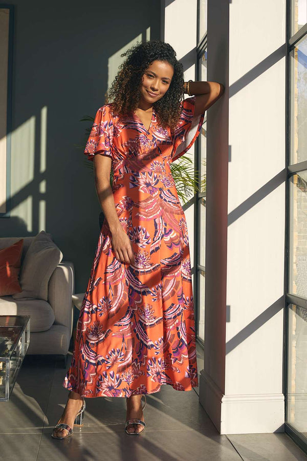 Orange | Printed Angel Sleeve Maxi Dress