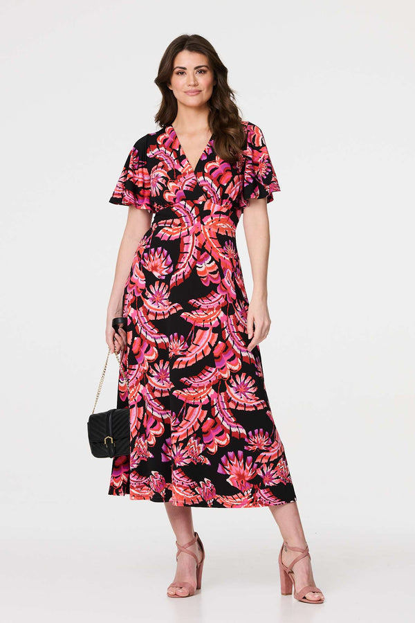 Black | Printed Angel Sleeve Midi Dress