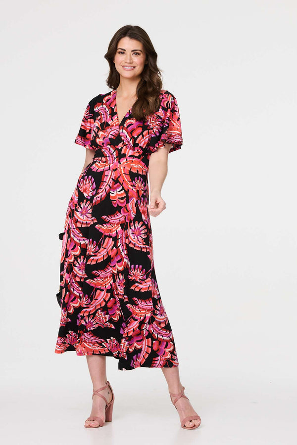 Black | Printed Angel Sleeve Midi Dress