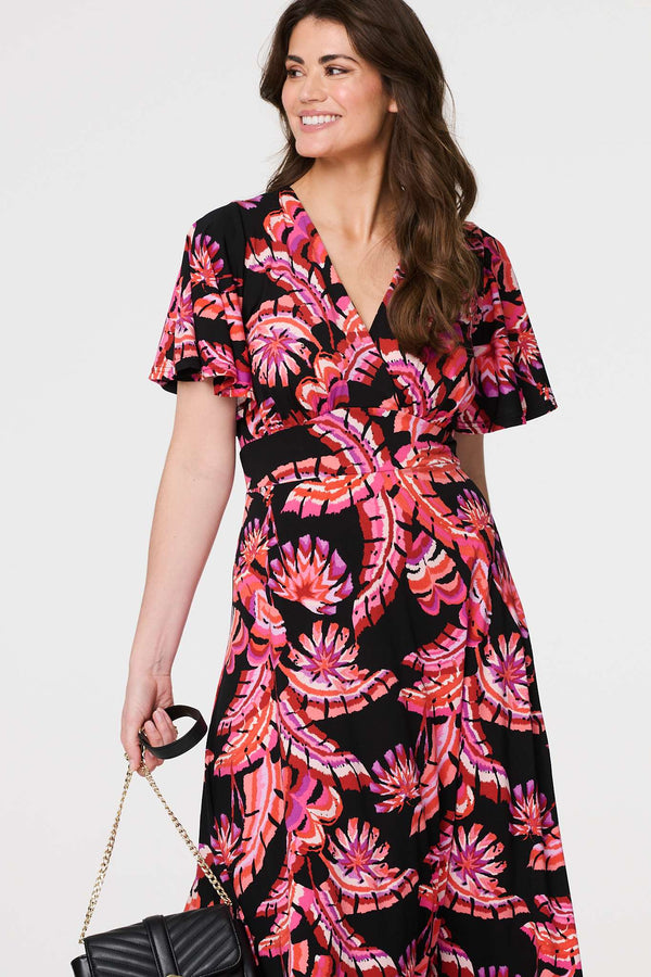 Black | Printed Angel Sleeve Midi Dress