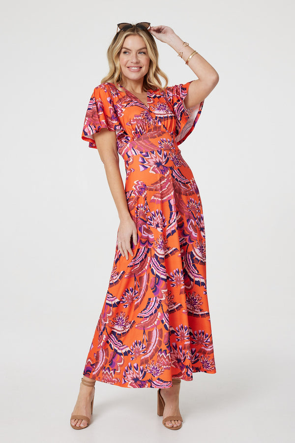 Orange | Printed Angel Sleeve Maxi Dress : Model is 5'10"/178 cm and wears UK8/EU36/US4/AUS8