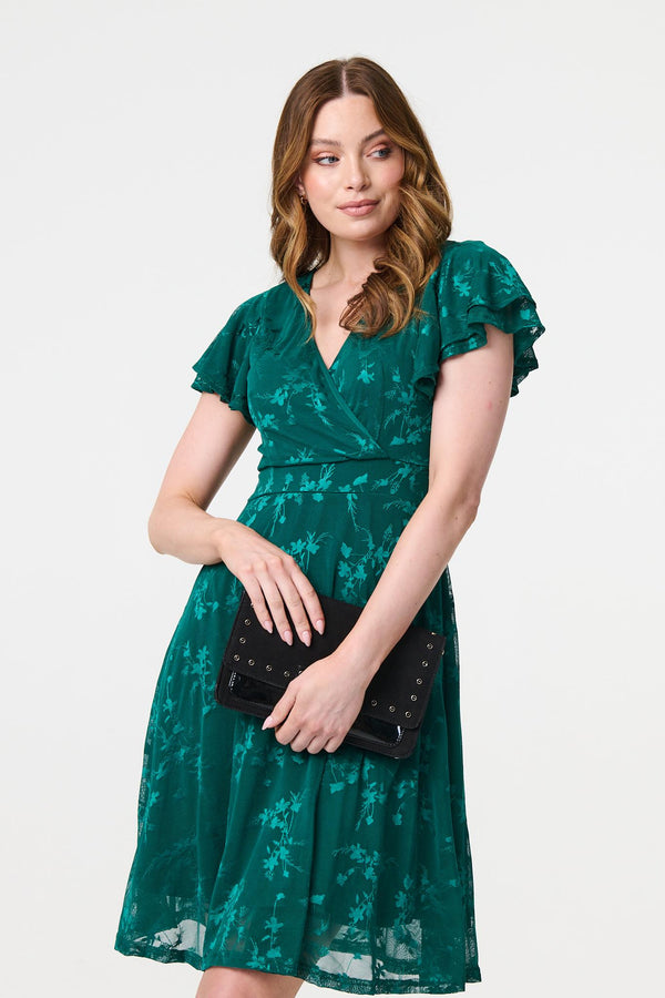 Green | Floral Lace Layer Angel Sleeve Short Dress
