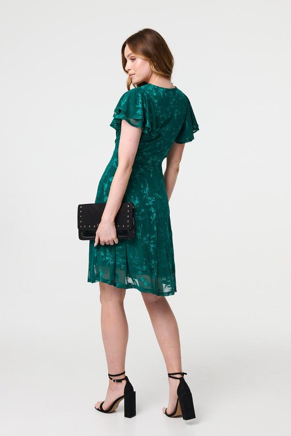 Green | Floral Lace Layer Angel Sleeve Short Dress

