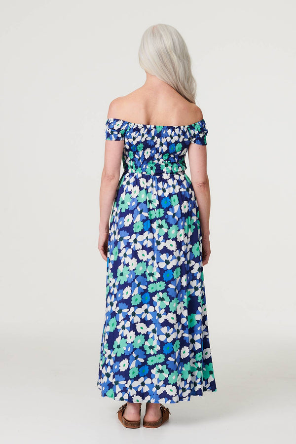 Navy | Floral Bardot Split Hem Maxi Dress